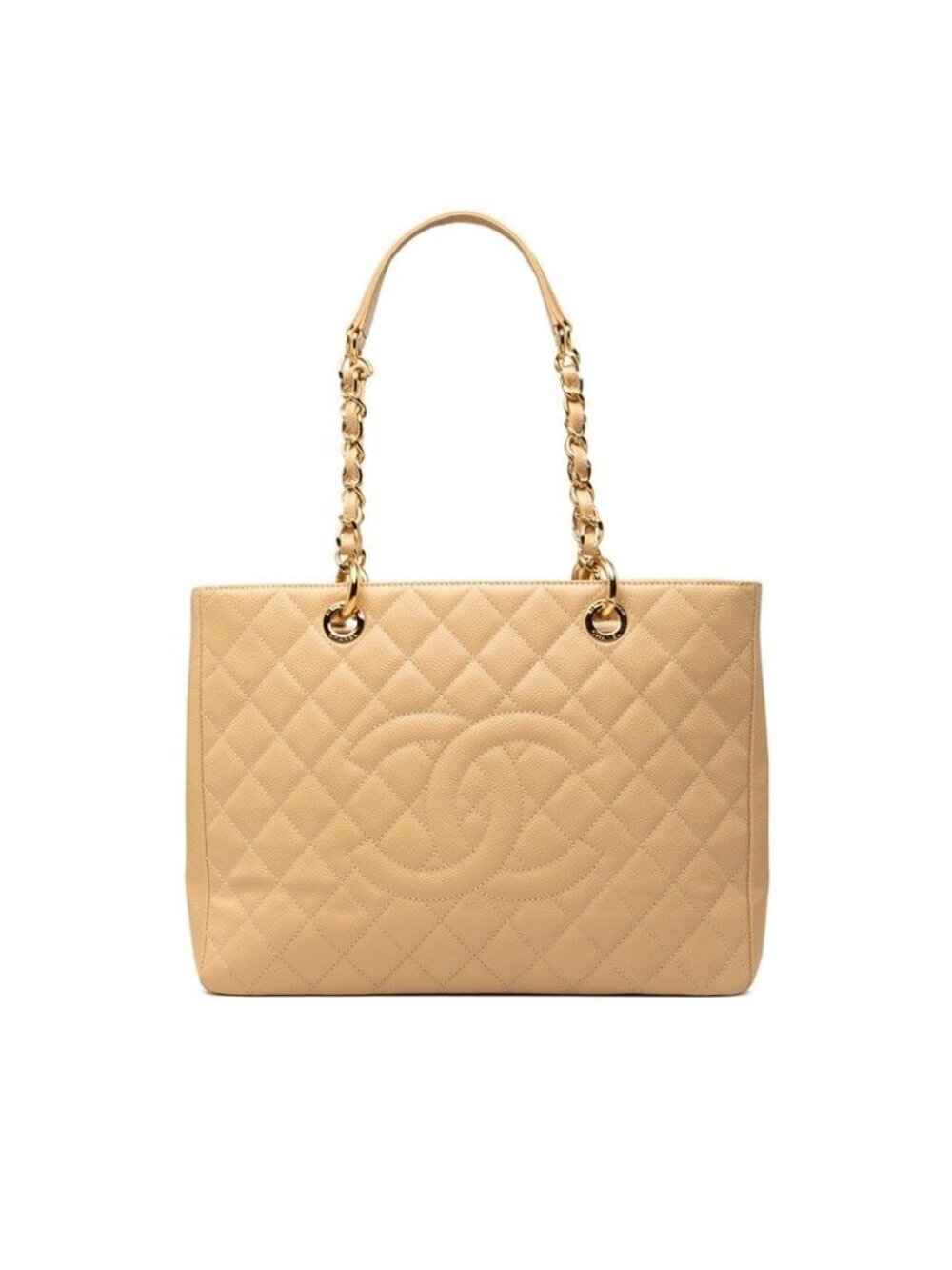 Chanel CC Logo Grand Shopping Tote GST Chain Shoulder Bag Beige Caviar Leather
